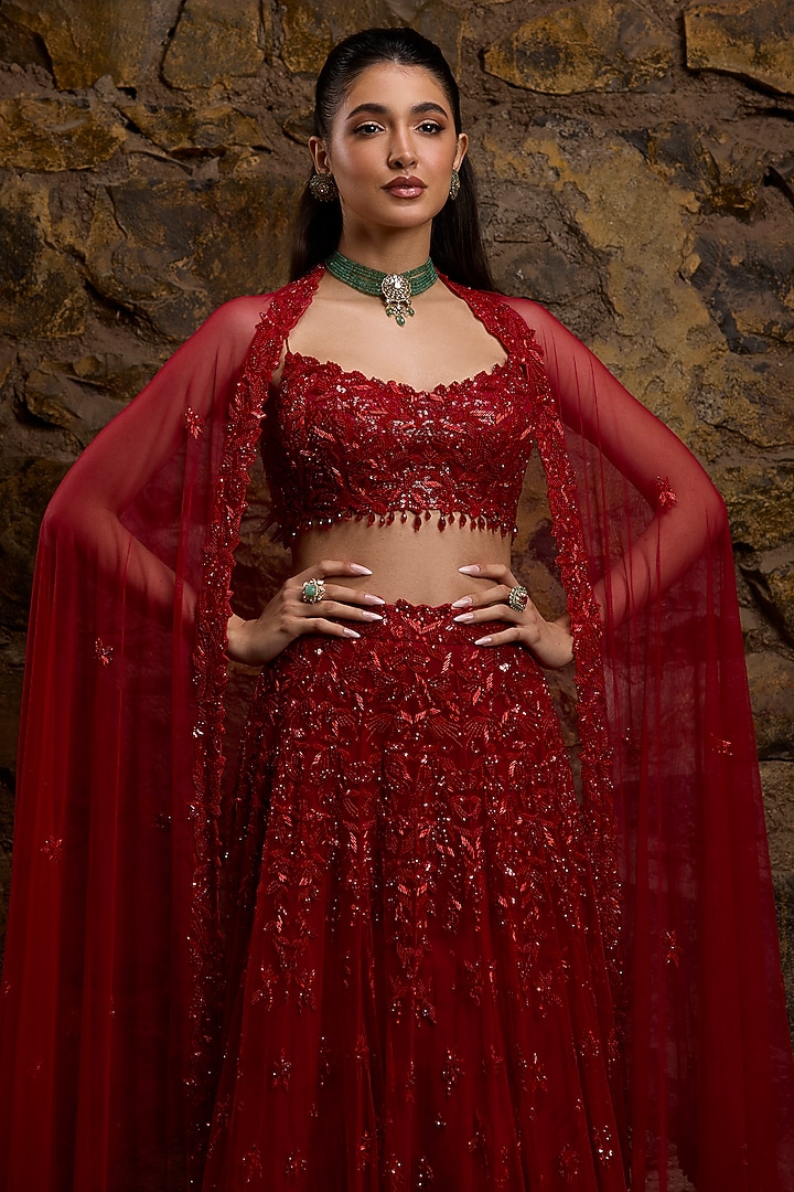 Red Satin Organza Hand Embroidered Bridal Lehenga Set by Naibah at Pernia's Pop Up Shop