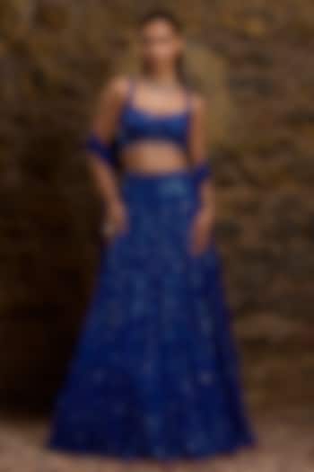 Royal Blue Net Hand Embroidered Bridal Lehenga Set by Naibah at Pernia's Pop Up Shop