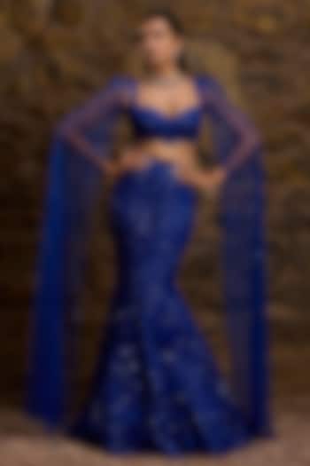 Royal Blue Net Hand Embroidered Fish-Cut Bridal Lehenga Set by Naibah at Pernia's Pop Up Shop