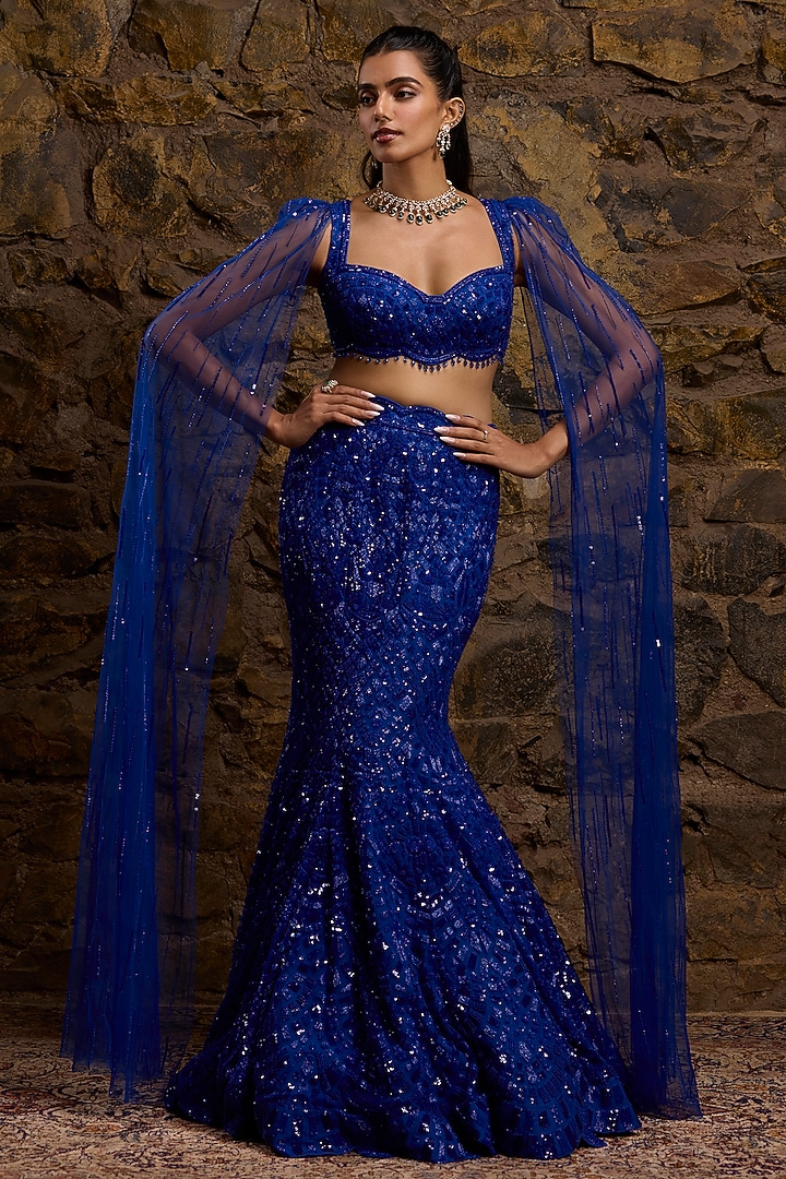 Royal Blue Net Hand Embroidered Fish-Cut Bridal Lehenga Set by Naibah at Pernia's Pop Up Shop