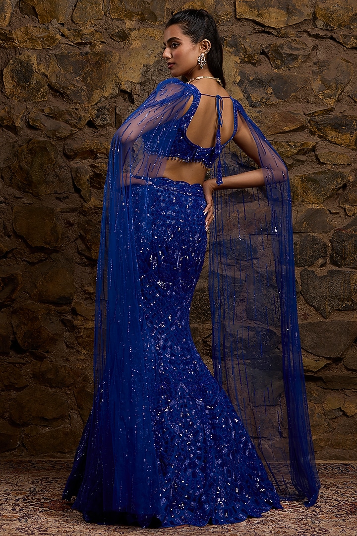 Royal Blue Net Hand Embroidered Fish-Cut Bridal Lehenga Set by Naibah at Pernia's Pop Up Shop