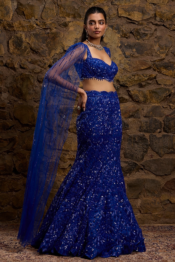 Royal Blue Net Hand Embroidered Fish-Cut Bridal Lehenga Set by Naibah at Pernia's Pop Up Shop