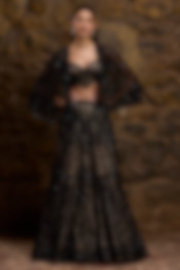 Black & Nude Net Hand Embroidered Bridal Lehenga Set by Naibah at Pernia's Pop Up Shop