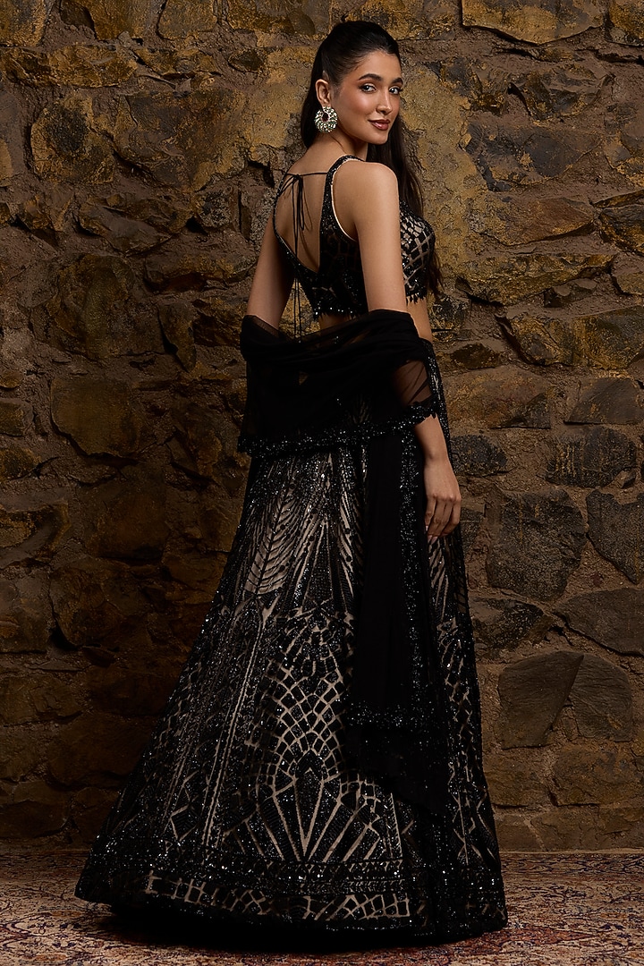 Black & Nude Net Hand Embroidered Bridal Lehenga Set by Naibah at Pernia's Pop Up Shop