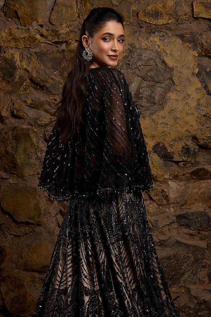 Black & Nude Net Hand Embroidered Bridal Lehenga Set by Naibah at Pernia's Pop Up Shop