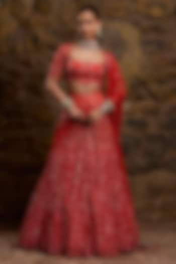 Coral Net Hand Embroidered Bridal Lehenga Set by Naibah at Pernia's Pop Up Shop