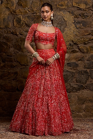 Coral Net Hand Embroidered Lehenga Set by Naibah