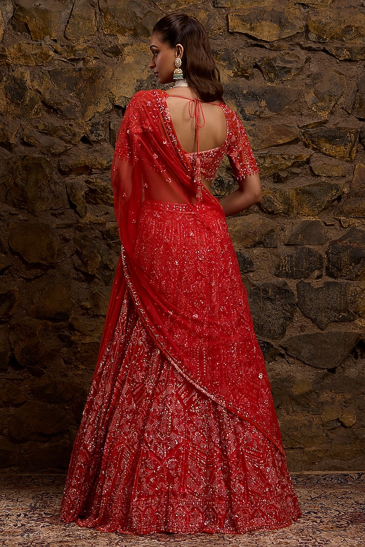 Coral Net Hand Embroidered Bridal Lehenga Set by Naibah at Pernia's Pop Up Shop