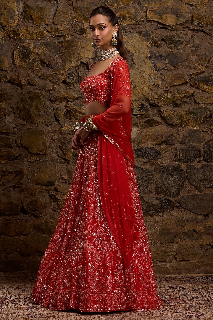 Coral Net Hand Embroidered Bridal Lehenga Set by Naibah at Pernia's Pop Up Shop