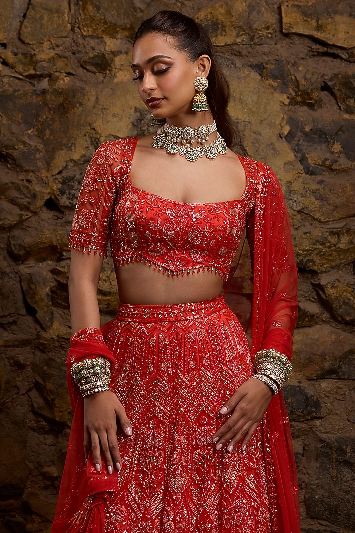 Coral Net Hand Embroidered Bridal Lehenga Set by Naibah at Pernia's Pop Up Shop