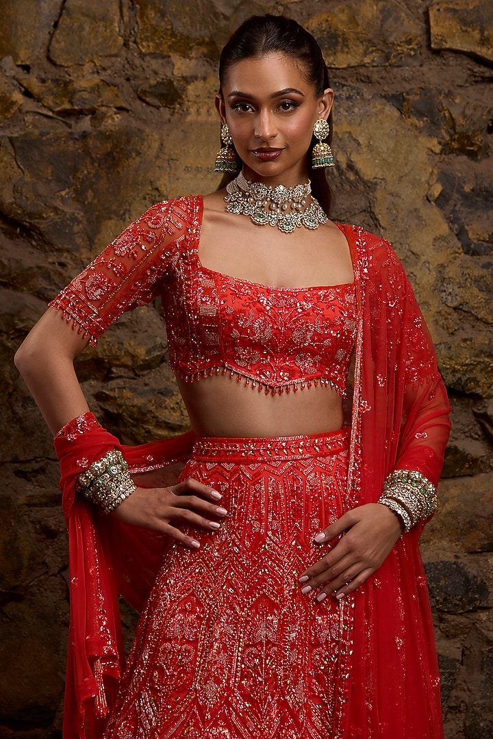 Coral Net Hand Embroidered Bridal Lehenga Set by Naibah at Pernia's Pop Up Shop