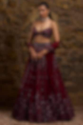 Wine Net Hand Embroidered Bridal Lehenga Set by Naibah at Pernia's Pop Up Shop