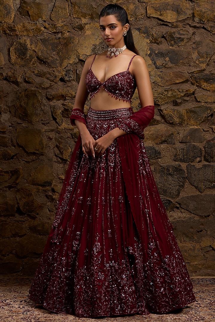 Wine Net Hand Embroidered Bridal Lehenga Set by Naibah at Pernia's Pop Up Shop