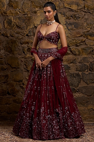 Wine Net Hand Embroidered Lehenga Set by Naibah
