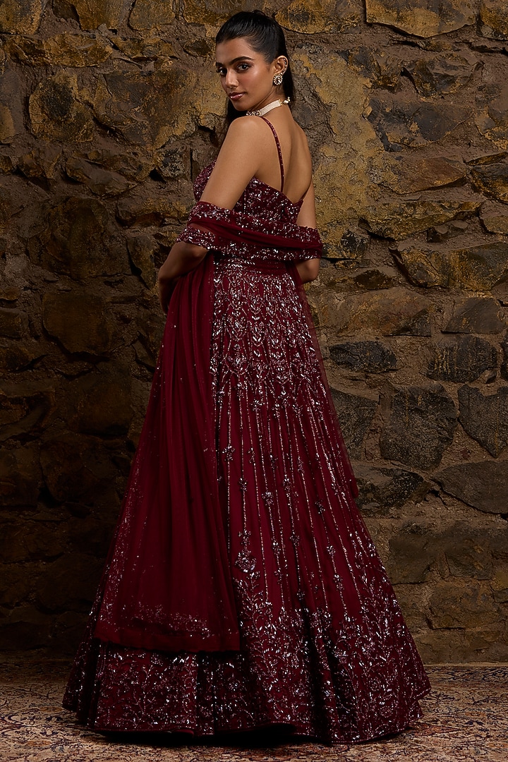 Wine Net Hand Embroidered Bridal Lehenga Set by Naibah at Pernia's Pop Up Shop