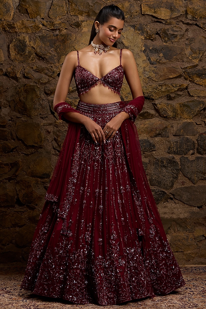 Wine Net Hand Embroidered Bridal Lehenga Set by Naibah at Pernia's Pop Up Shop