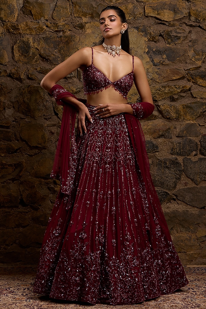 Wine Net Hand Embroidered Bridal Lehenga Set by Naibah at Pernia's Pop Up Shop