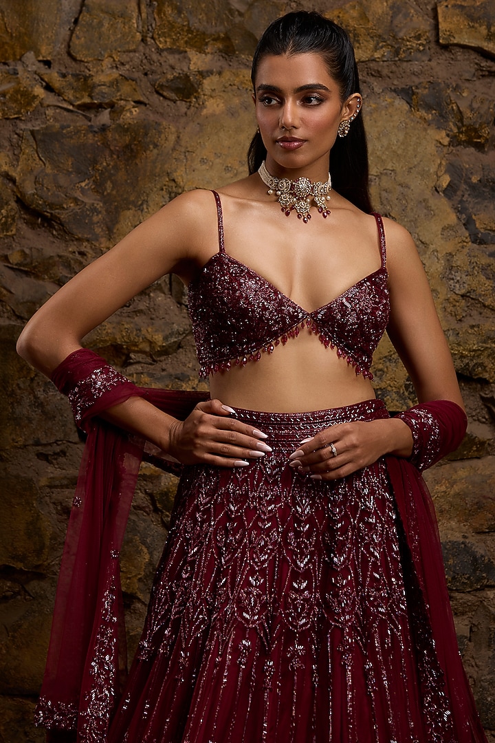 Wine Net Hand Embroidered Bridal Lehenga Set by Naibah at Pernia's Pop Up Shop