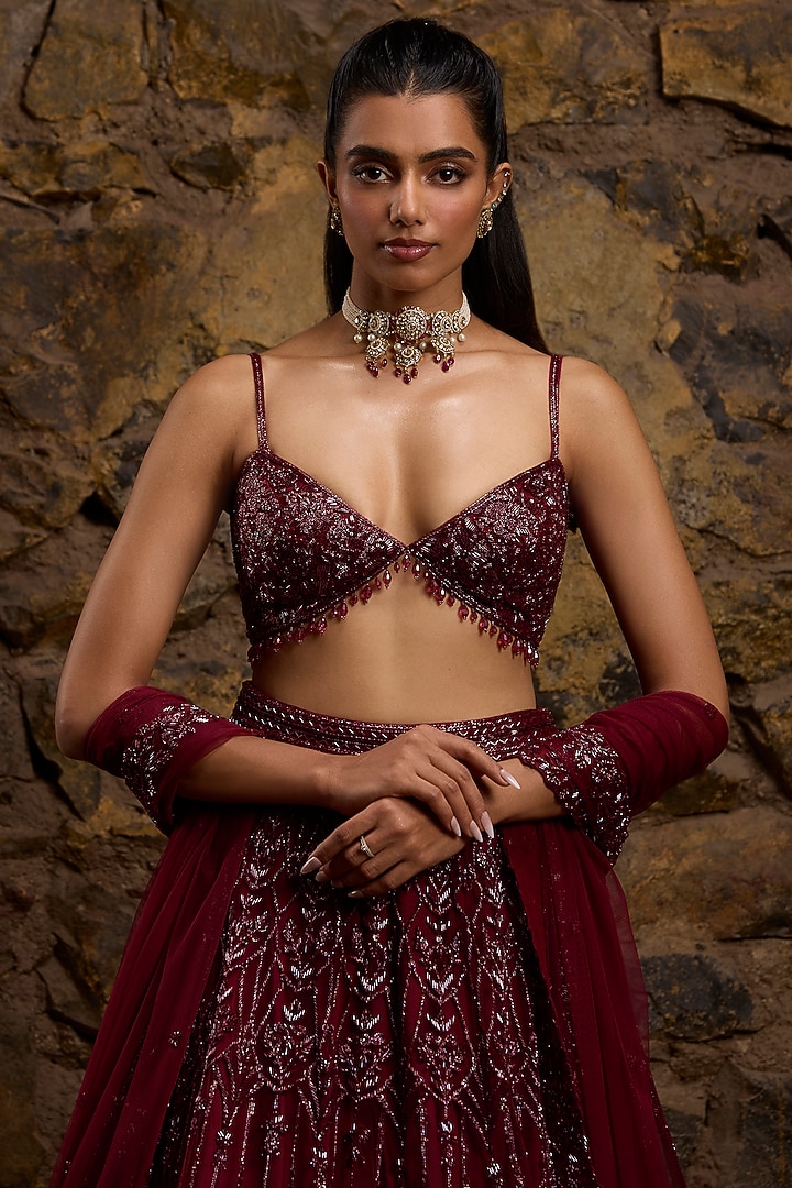Wine Net Hand Embroidered Bridal Lehenga Set by Naibah at Pernia's Pop Up Shop