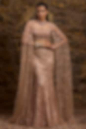 Rose Gold Net Hand Embroidered Fish-Cut Bridal Lehenga Set by Naibah at Pernia's Pop Up Shop