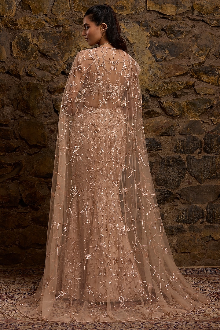 Rose Gold Net Hand Embroidered Fish-Cut Bridal Lehenga Set by Naibah at Pernia's Pop Up Shop