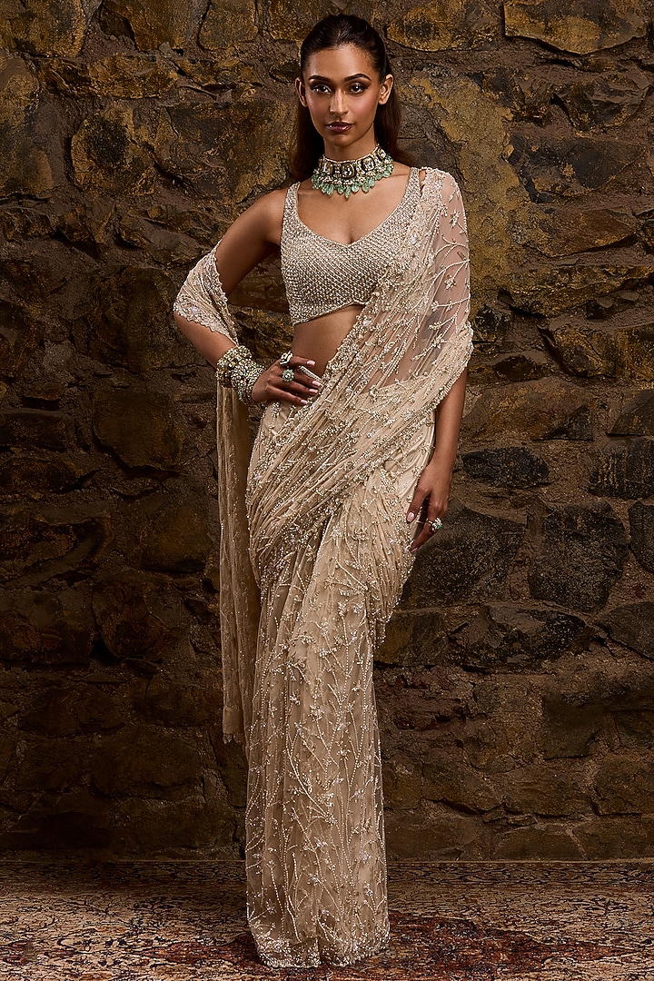 Champagne Gold Net Hand Embroidered Draped Bridal Saree Set by Naibah at Pernia's Pop Up Shop