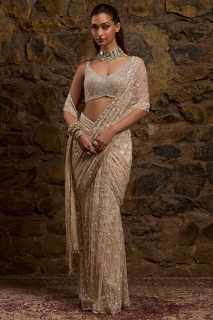 Champagne Gold Net Hand Embroidered Draped Bridal Saree Set by Naibah at Pernia's Pop Up Shop