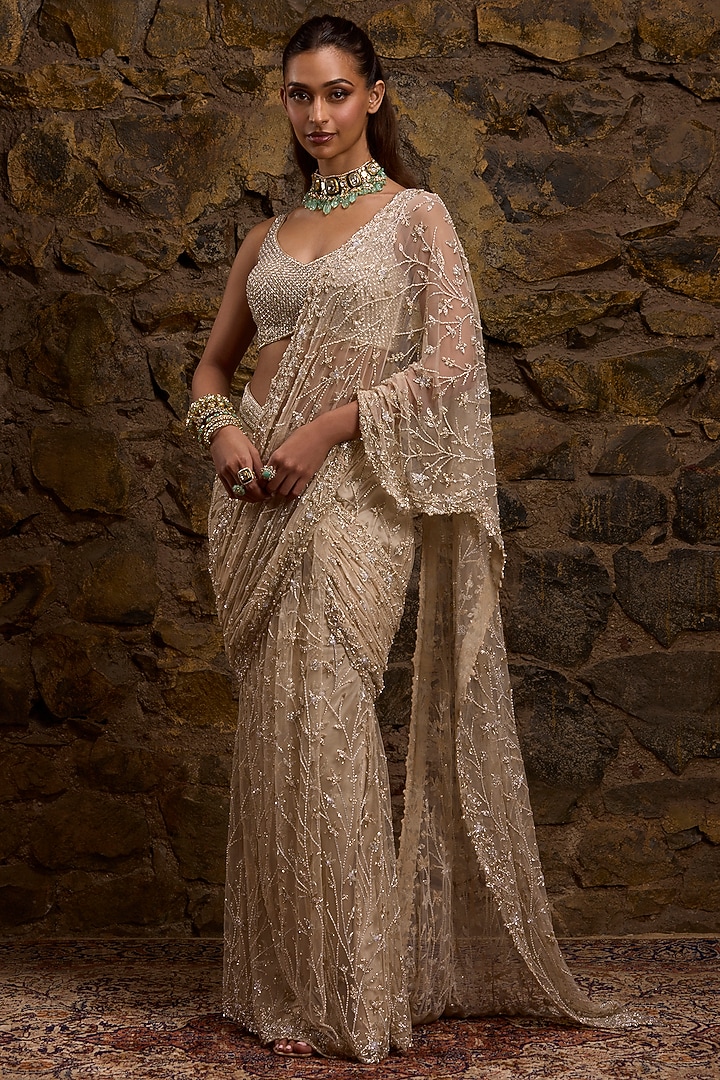 Champagne Gold Net Hand Embroidered Draped Bridal Saree Set by Naibah at Pernia's Pop Up Shop
