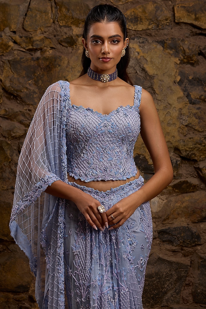 Periwinkle Blue Net Hand Embroidered Draped Bridal Saree Set by Naibah at Pernia's Pop Up Shop