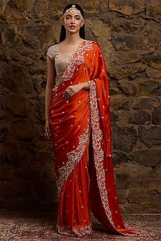 Marigold Colored Satin & Net Embroidered Saree Set by Naibah