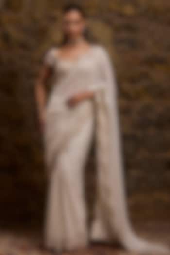 Ivory Georgette & Net Embroidered Bridal Saree Set by Naibah at Pernia's Pop Up Shop