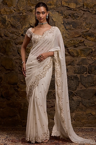 Ivory Georgette & Net Embroidered Saree Set by Naibah