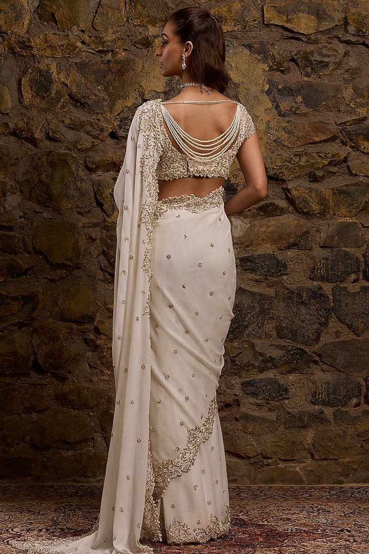 Ivory Georgette & Net Embroidered Bridal Saree Set by Naibah at Pernia's Pop Up Shop