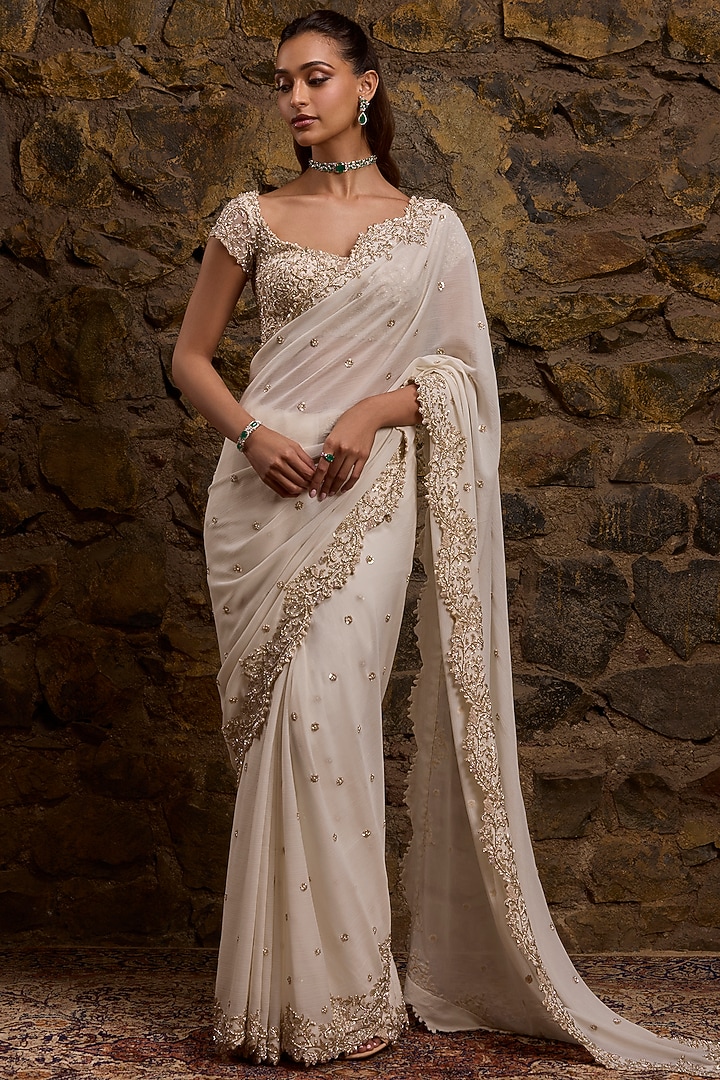 Ivory Georgette & Net Embroidered Bridal Saree Set by Naibah at Pernia's Pop Up Shop