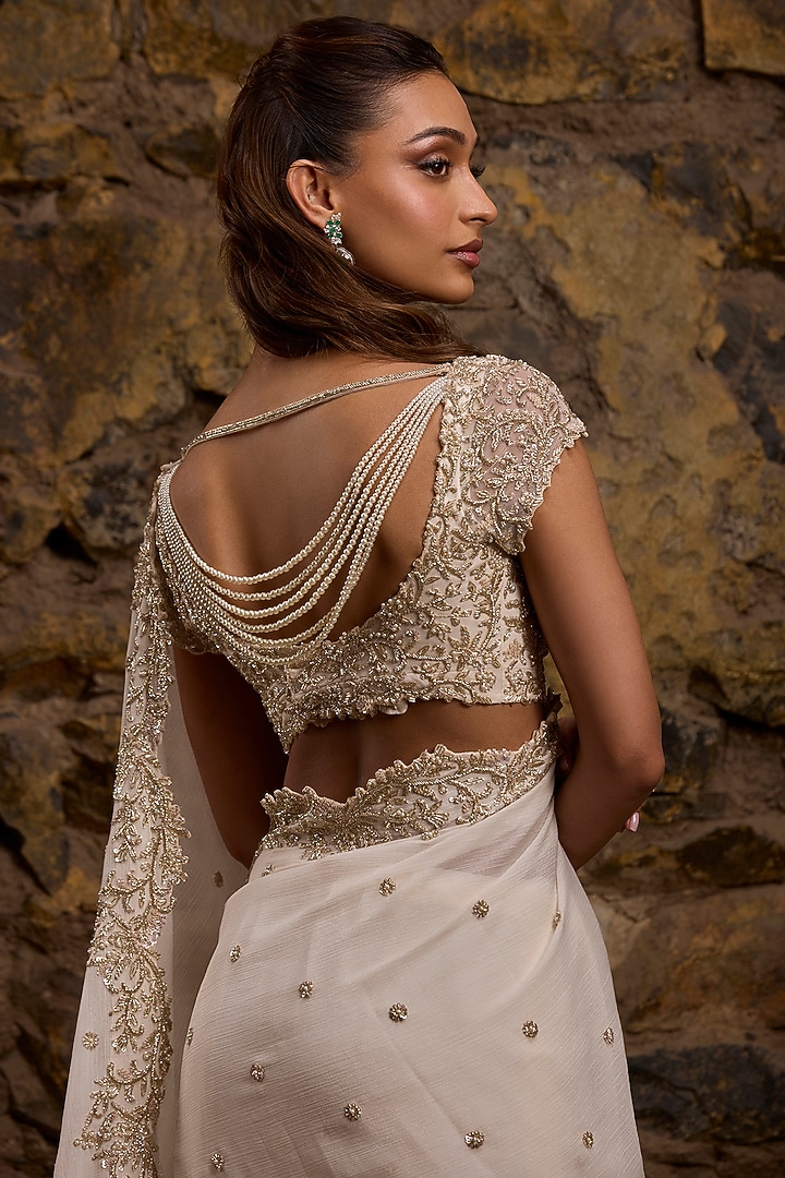 Ivory Georgette & Net Embroidered Bridal Saree Set by Naibah at Pernia's Pop Up Shop
