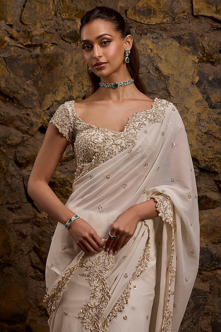 Ivory Georgette & Net Embroidered Bridal Saree Set by Naibah at Pernia's Pop Up Shop