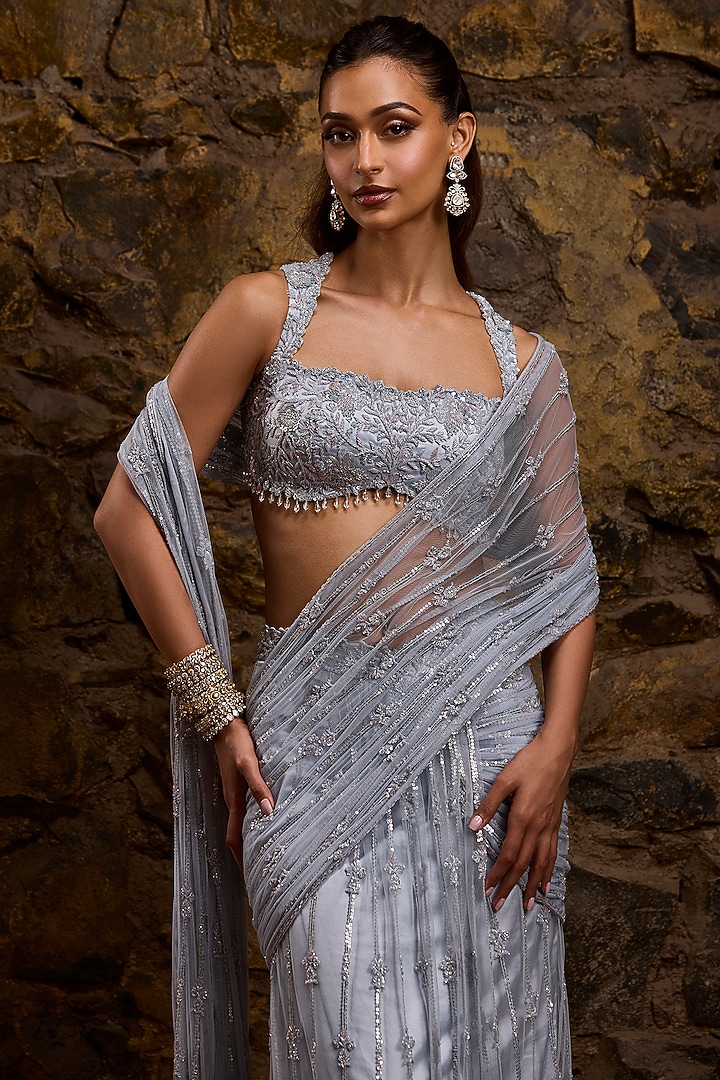 Dove Grey Net Hand Embroidered Draped Bridal Saree Set by Naibah at Pernia's Pop Up Shop