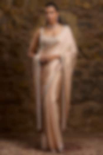 Peach Satin & Net Hand Embroidered Bridal Saree Set by Naibah at Pernia's Pop Up Shop