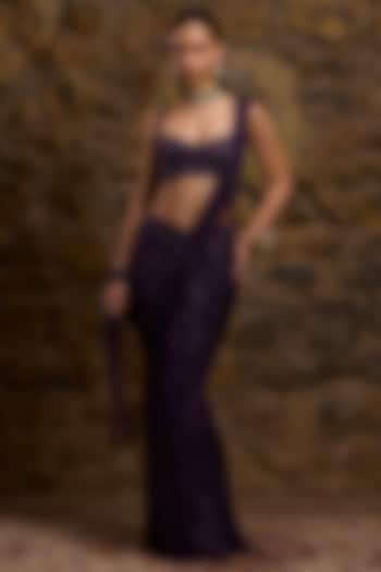 Aubergine Net Hand Embroidered Draped Bridal Saree Set by Naibah at Pernia's Pop Up Shop