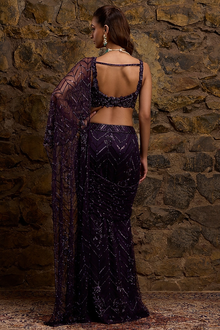 Aubergine Net Hand Embroidered Draped Bridal Saree Set by Naibah at Pernia's Pop Up Shop