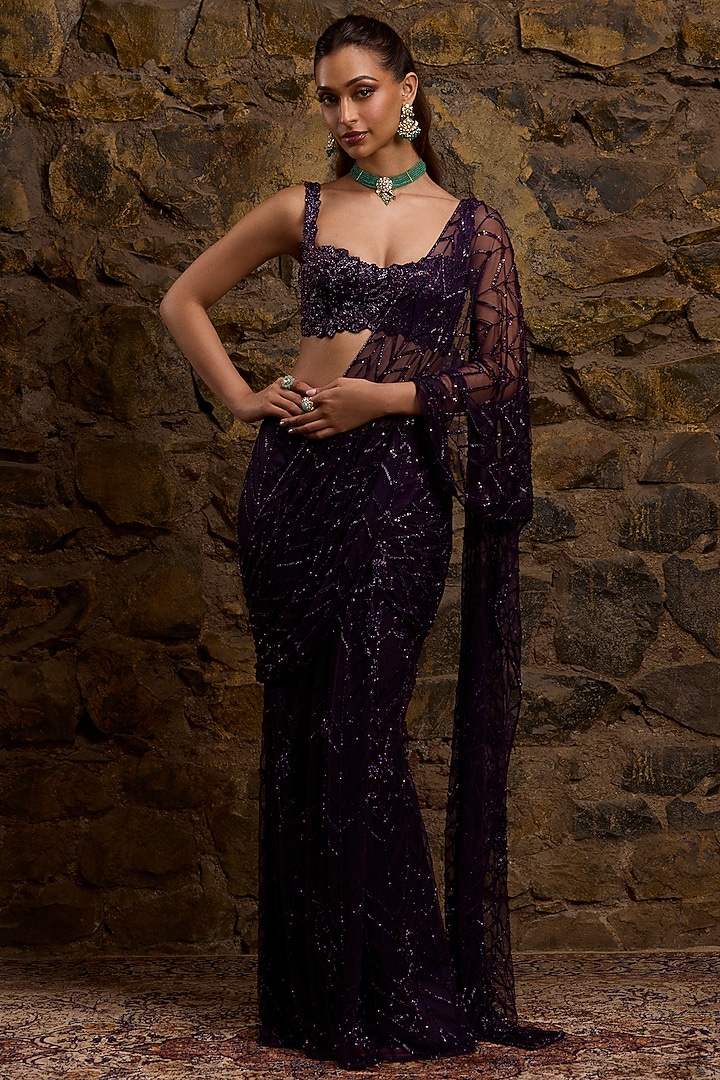 Aubergine Net Hand Embroidered Draped Bridal Saree Set by Naibah at Pernia's Pop Up Shop