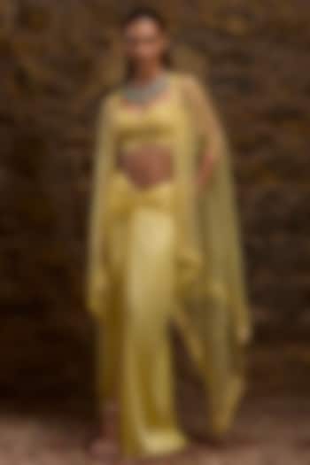 Yellow Satin & Net Hand Embroidered Skirt Set by Naibah at Pernia's Pop Up Shop