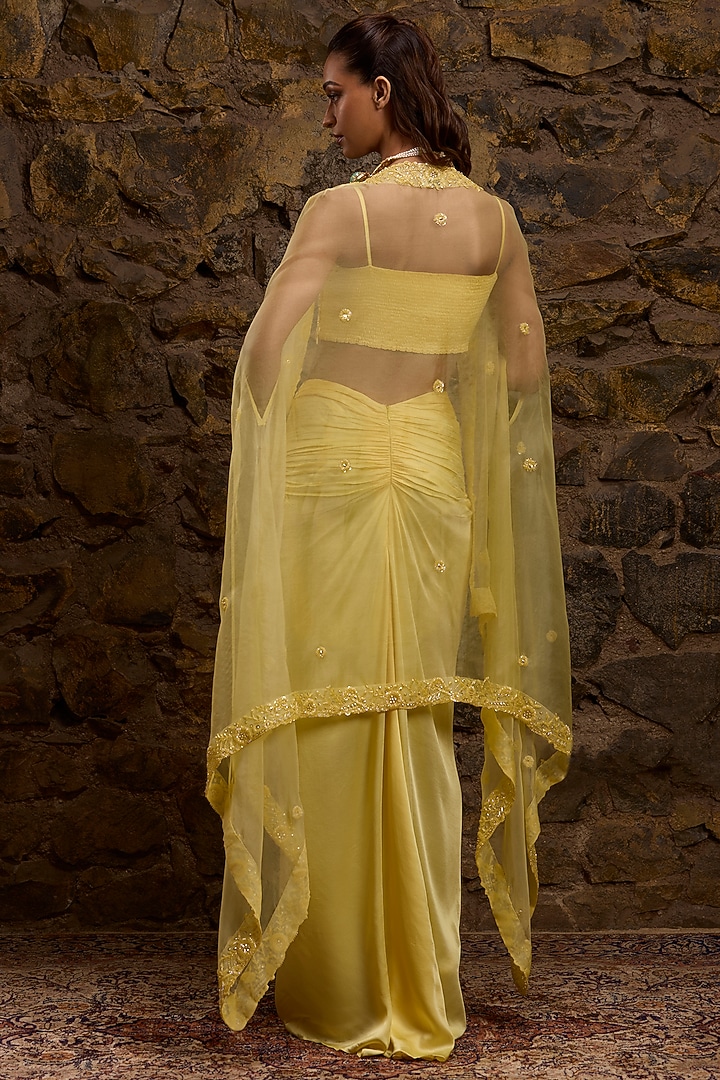 Yellow Satin & Net Hand Embroidered Skirt Set by Naibah at Pernia's Pop Up Shop