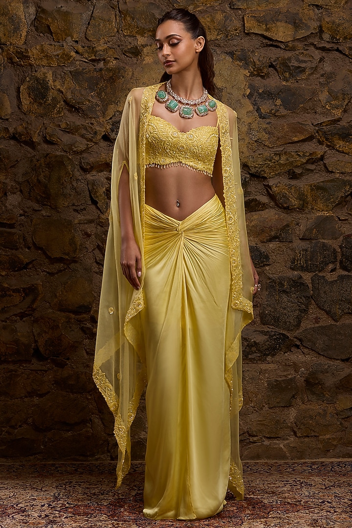 Yellow Satin & Net Hand Embroidered Skirt Set by Naibah at Pernia's Pop Up Shop