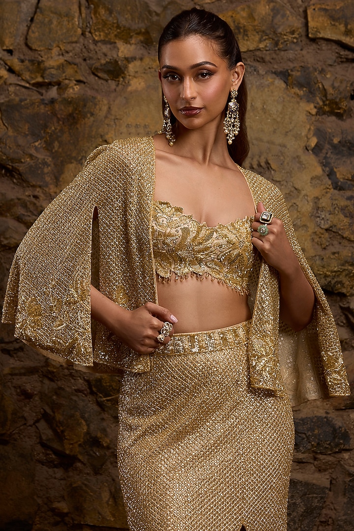 Gold Net Hand Embroidered Skirt Set by Naibah at Pernia's Pop Up Shop