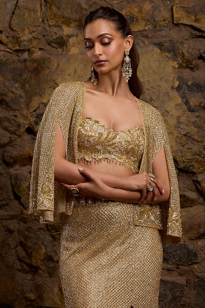 Gold Net Hand Embroidered Skirt Set by Naibah at Pernia's Pop Up Shop