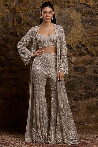 Silver Net Hand Embroidered Sharara Set by Naibah