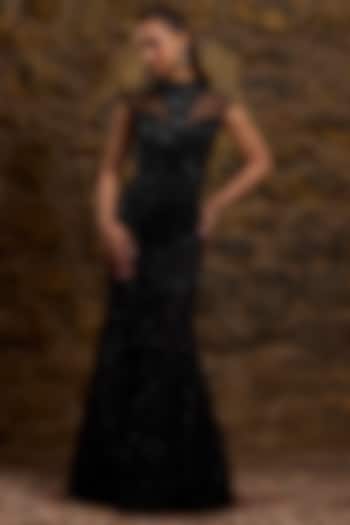 Black Net Hand Embroidered Bridal Gown by Naibah at Pernia's Pop Up Shop