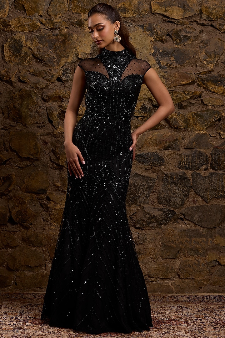 Black Net Hand Embroidered Bridal Gown by Naibah at Pernia's Pop Up Shop