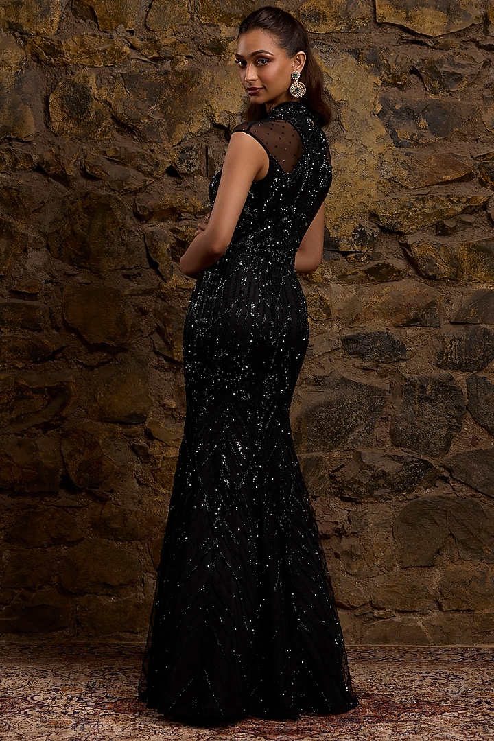 Black Net Hand Embroidered Bridal Gown by Naibah at Pernia's Pop Up Shop